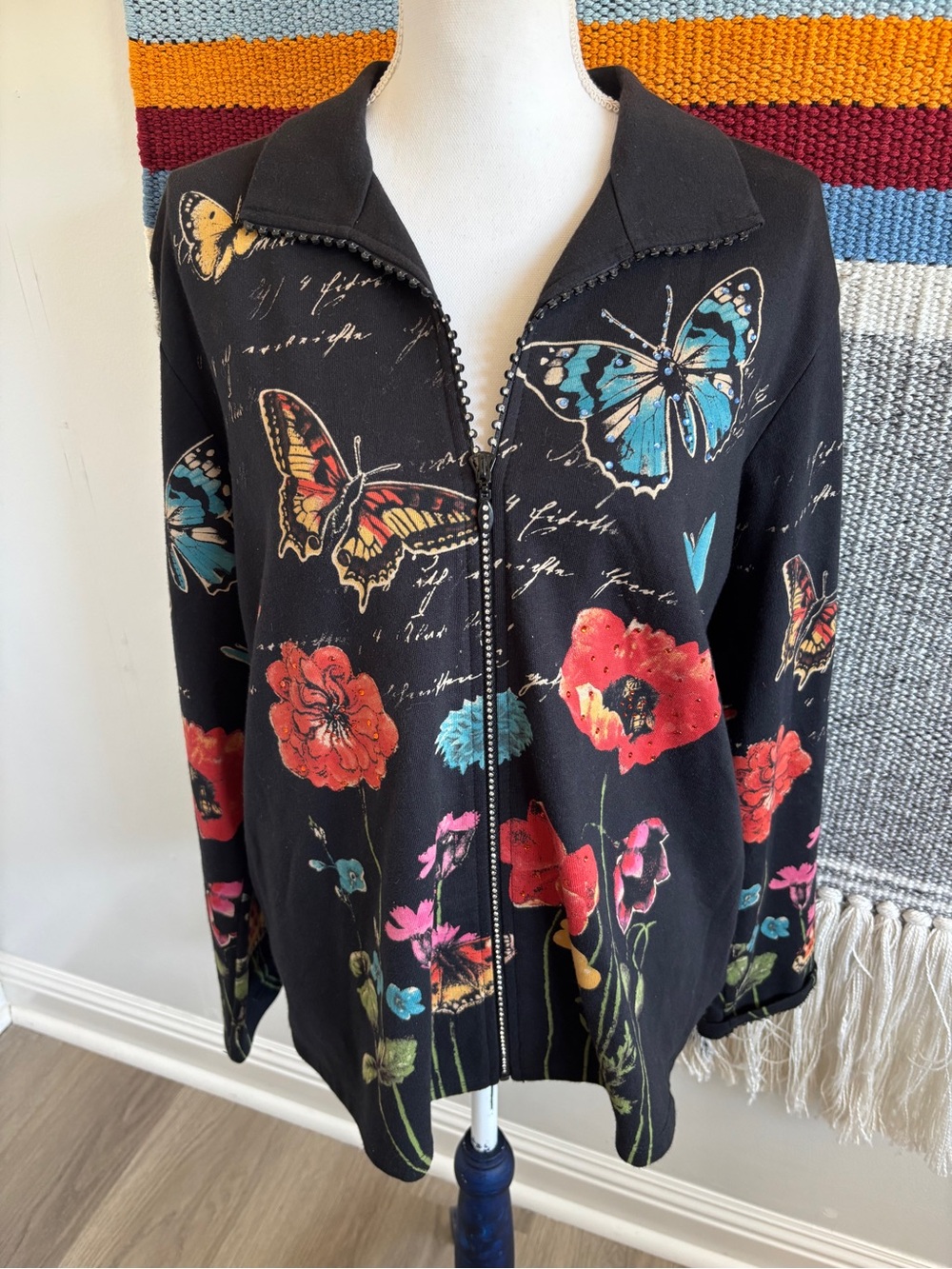 Black Floral & Butterfly Zip Cotton Jacket
